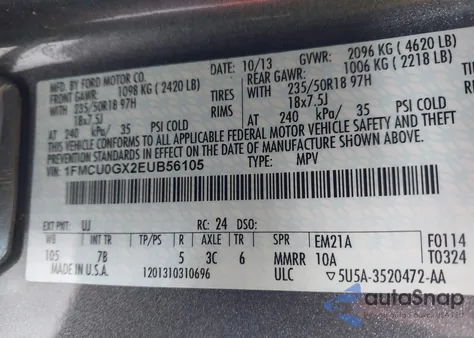 2014 Ford Escape Se из США, поврежденный, VIN 1FMCU0GX2EUB56105